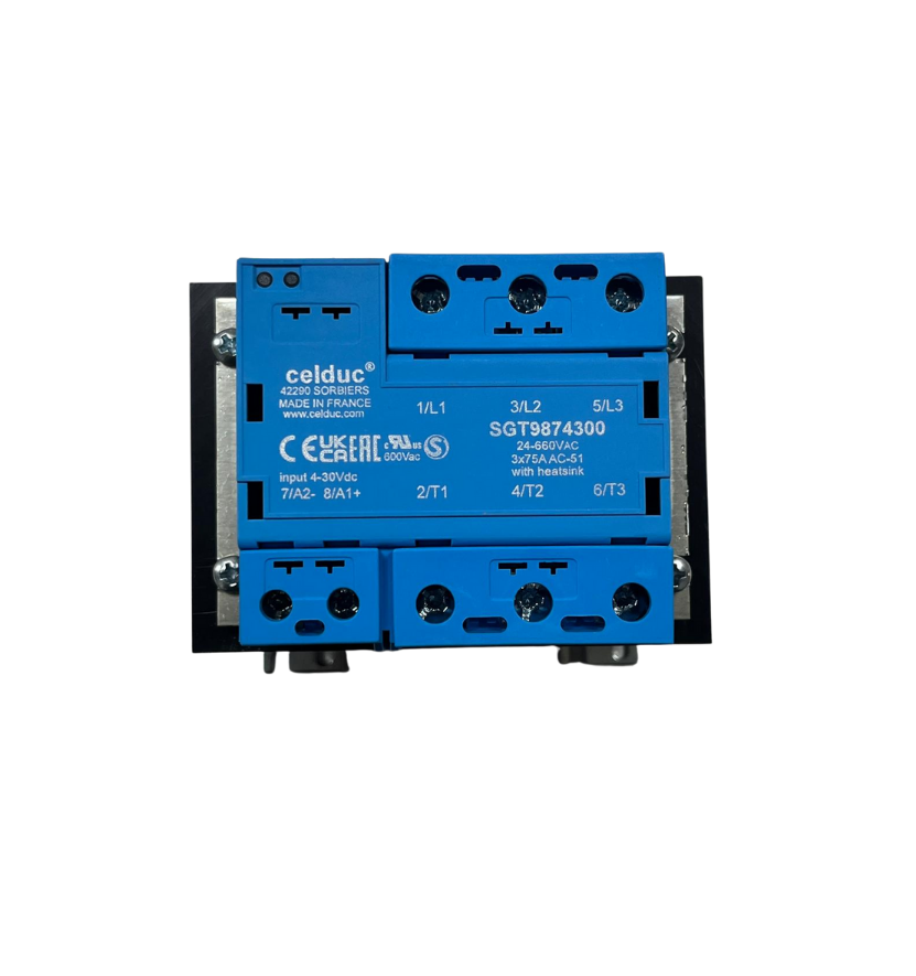 CELDUC SGT9874300WF 3 Faz Solid State Röle – 75A, 660VAC, Heatsinkli